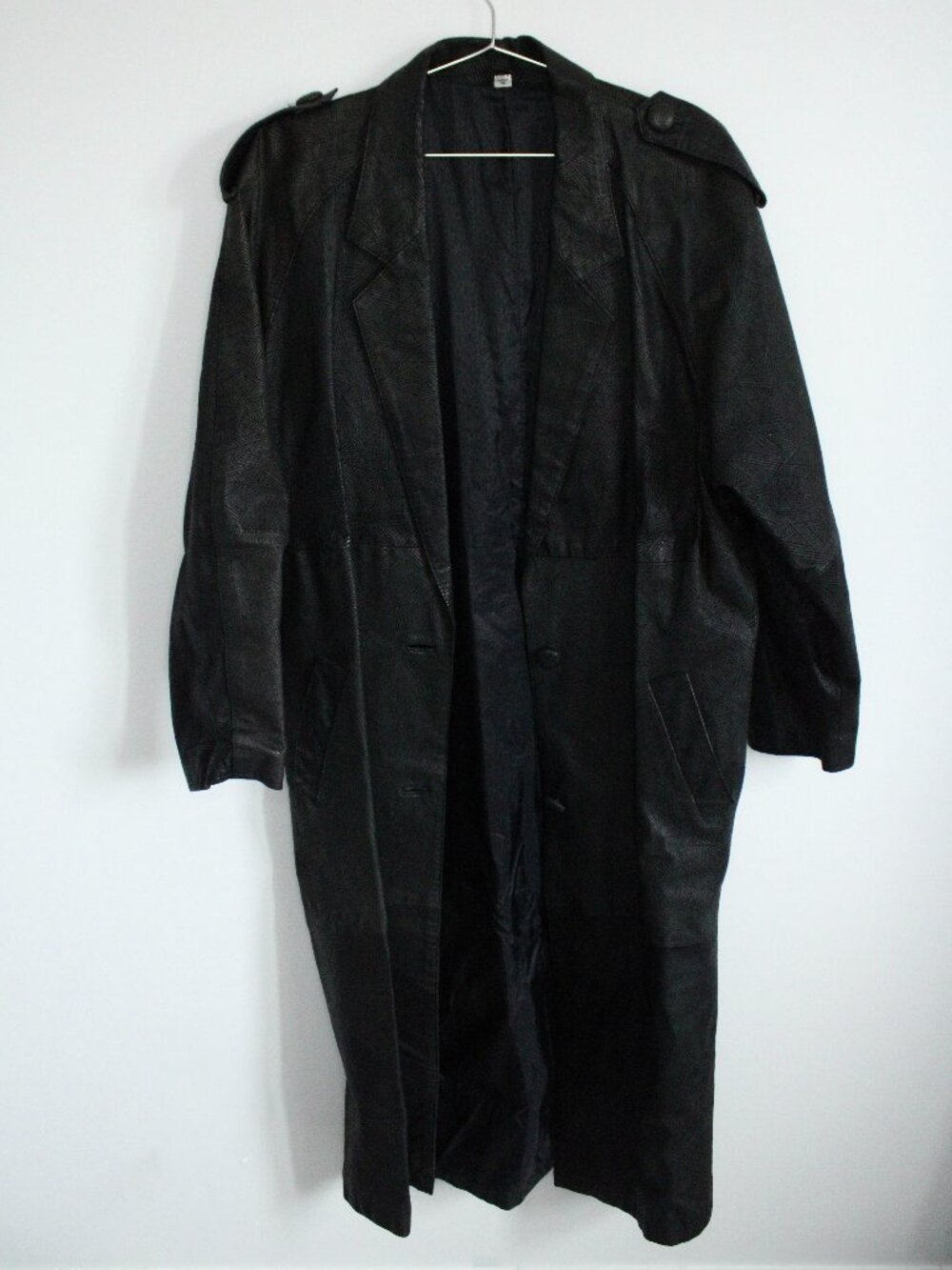 Vintage Leather Trench Coat Womens M Black Long Belted Minimalist Gothic